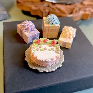 Vintage Doll House Miniatures Cake and 3 Wrapped Gifts